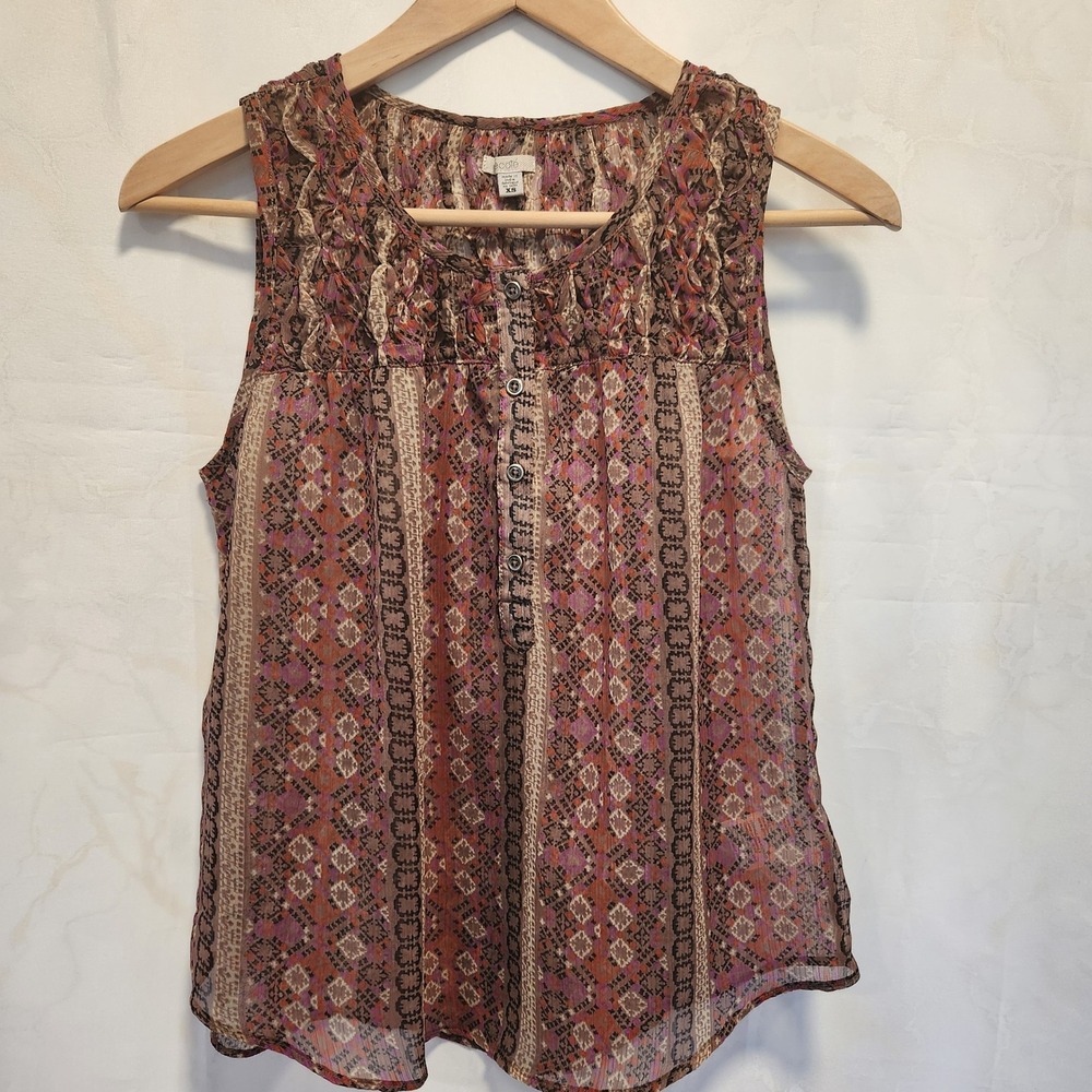 Ecote Sleeveless Blouse Women's XS Chiffon Earth Tone Button Up Lightweight